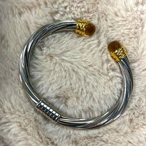 Vintage Silver and Gold Tone with Faux Citrine  Open Bangle Cable Bracelet